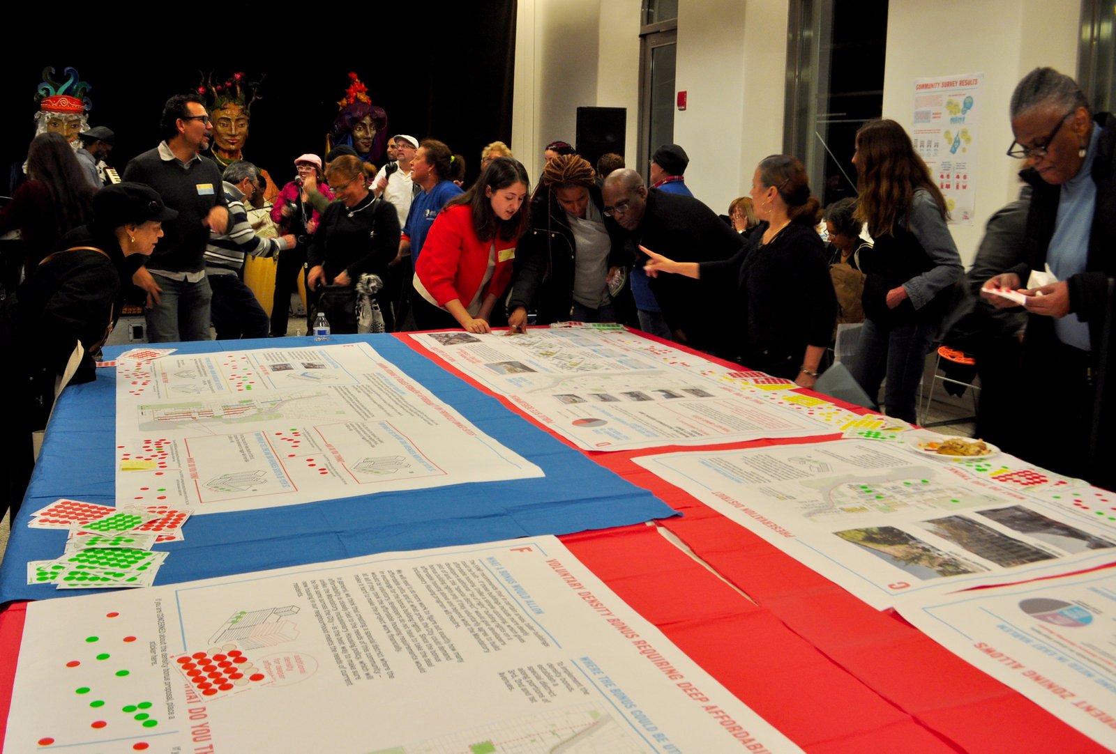Community members gathered around planning boards at a workshop.