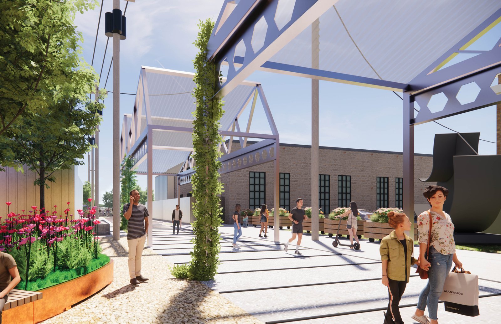 Pedestrians walk under a shaded structure in an urban alleyway, surrounded by plants.