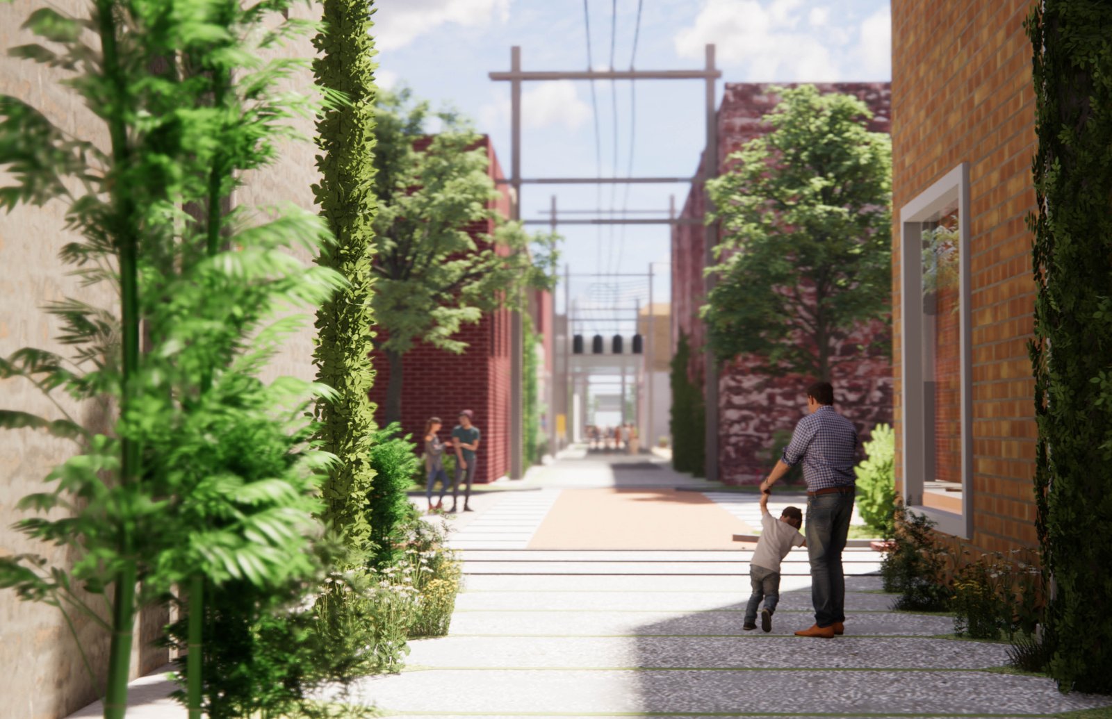 Father and child walk through a vibrant pedestrian alleyway lined with greenery.