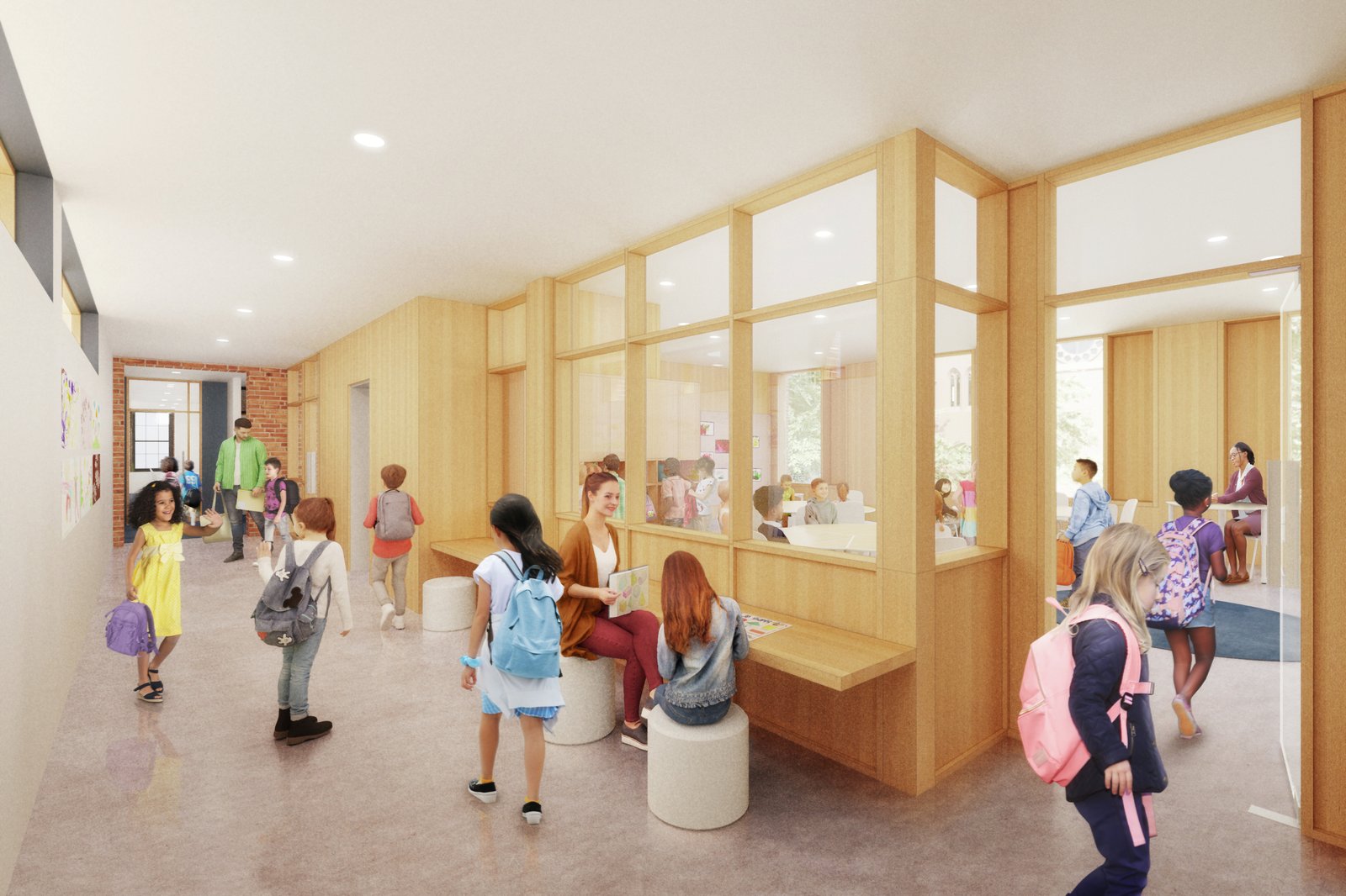 Children walk and gather in a light-filled hallway with wooden interiors and large glass windows.