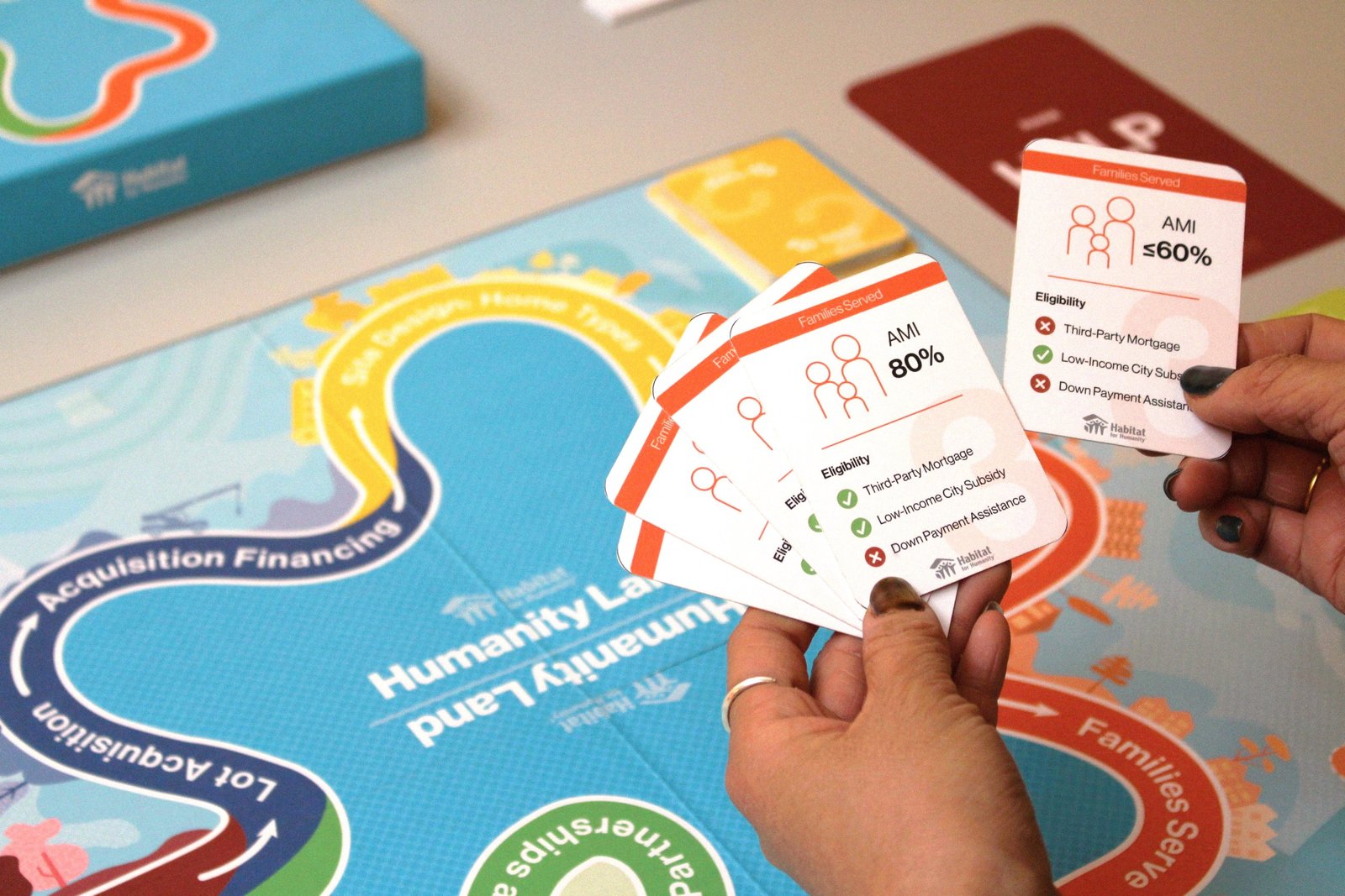 Hands holding Humanity Land game cards, shown over a colorful game board background.